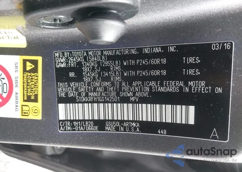 2016 Toyota Highlander Xle V6 z USA, uszkodzony, nr VIN 5TDKKRFH1GS142501